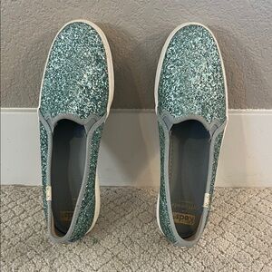 Kate Spade x Keds Glitter Slip On Sneakers Teal Sparkle Women’s 7.5